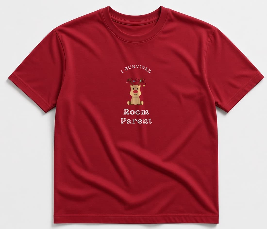 Red t-shirt flat-lay with the I Survived Room Parent reindeer print: a brown sitting reindeer with a red nose and string lights, with white lettering