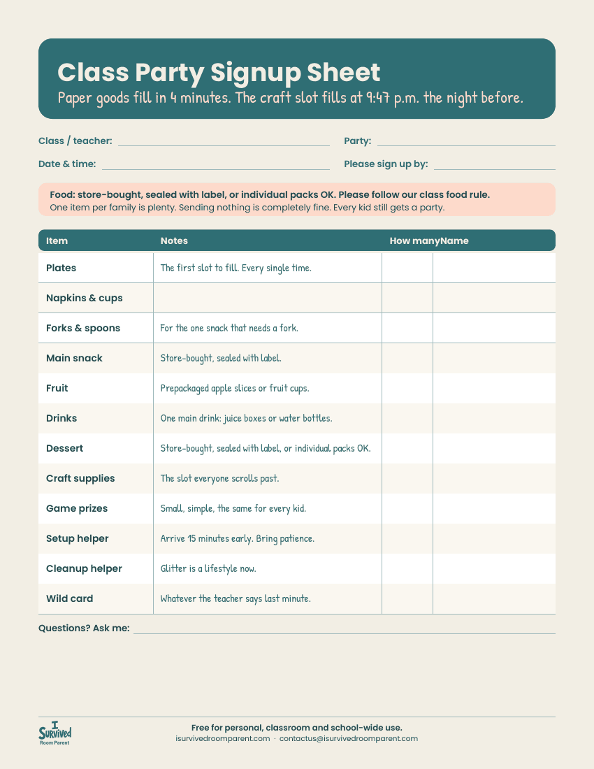 Teal and cream fillable class party signup sheet with item, notes, how many and name columns and a sealed-food reminder