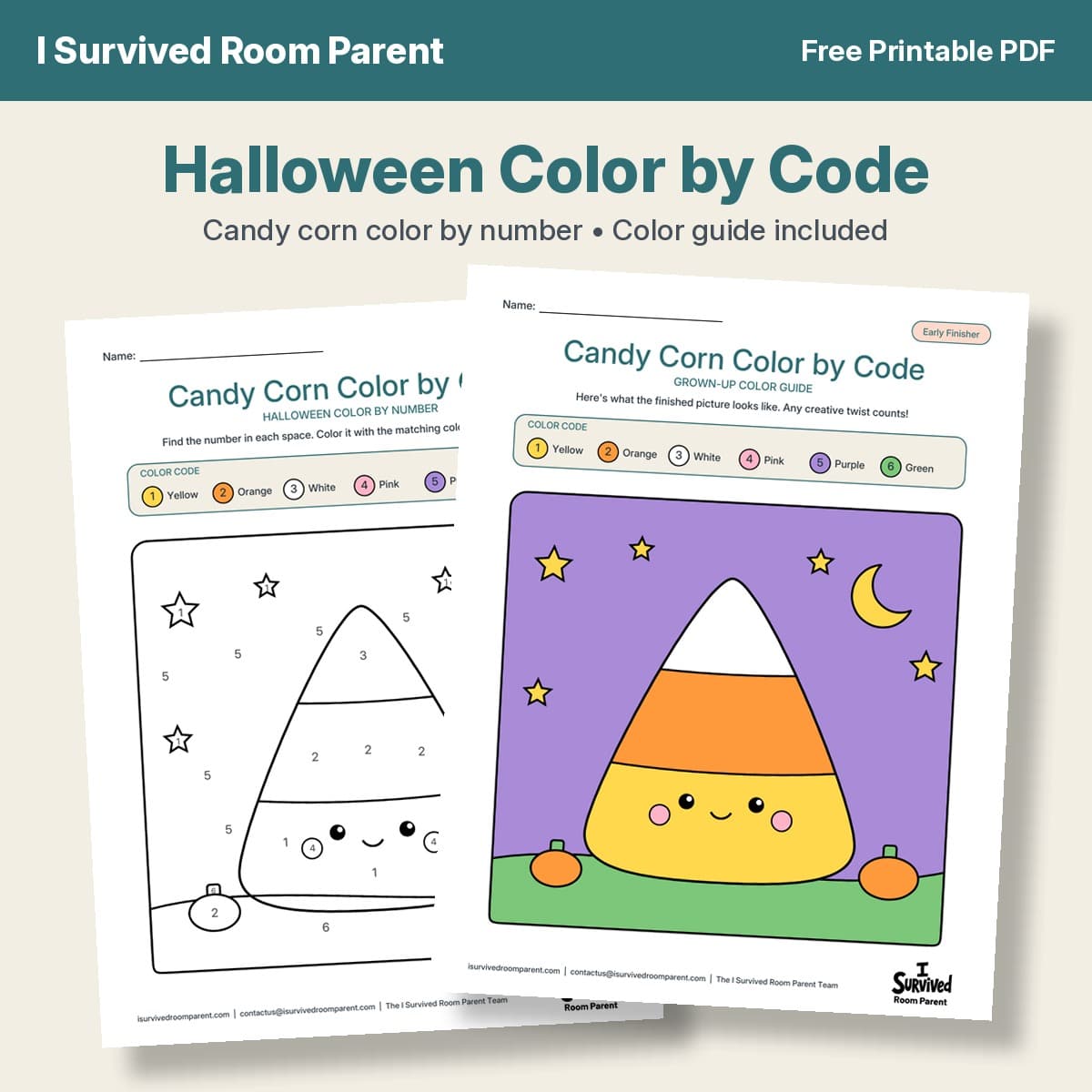 Halloween color by code printable cover showing a candy corn color by number page and its finished color guide