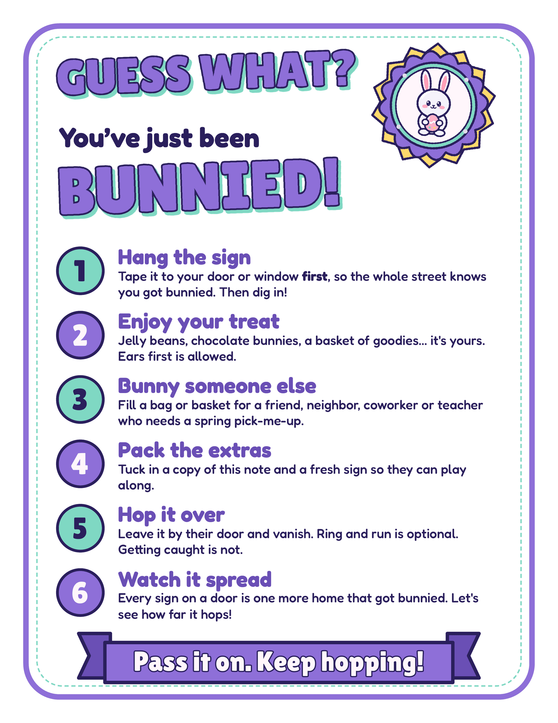 Guess What You've Been Bunnied how-to-play note with six steps for the Easter drop-off game