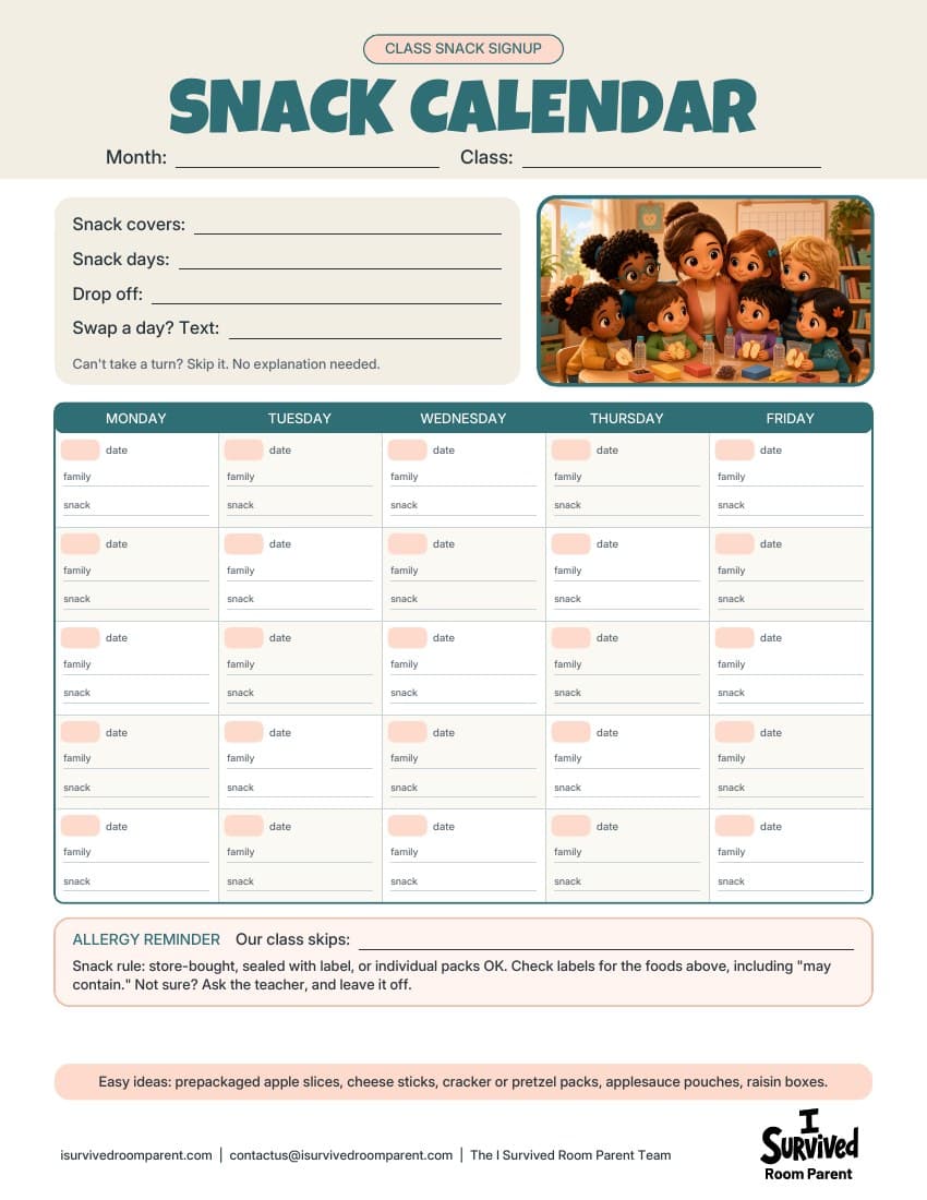 Free printable class snack signup calendar with a monthly grid, allergy reminder and chibi kids holding prepackaged apple slices