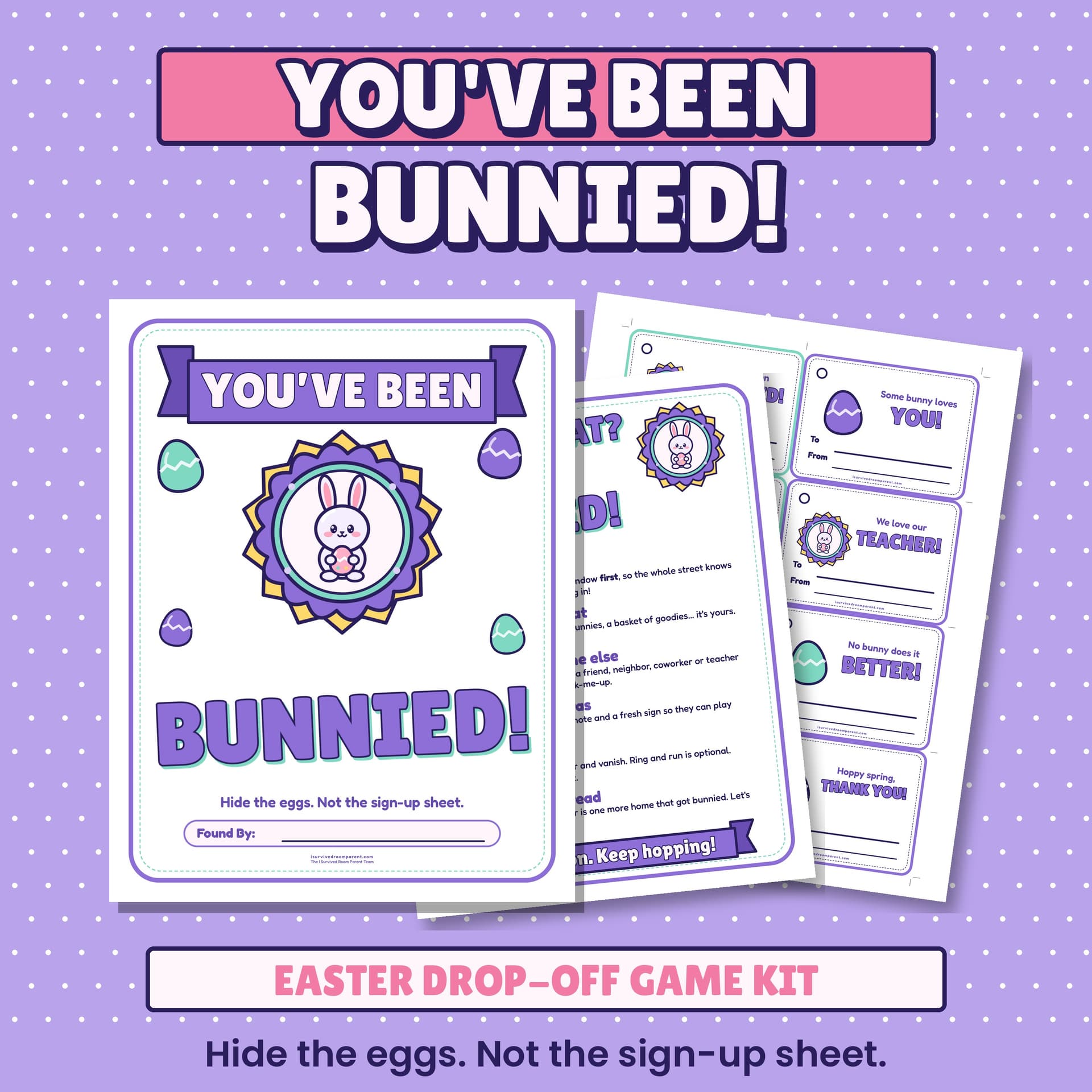 You've Been Bunnied Easter drop-off game kit cover with a cute flat cartoon bunny mascot in a gold badge