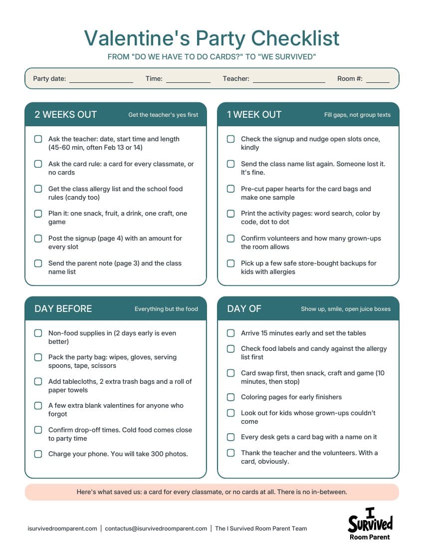 Valentine's party checklist page with to-dos for 2 weeks out, 1 week out, the day before and the day of the class party