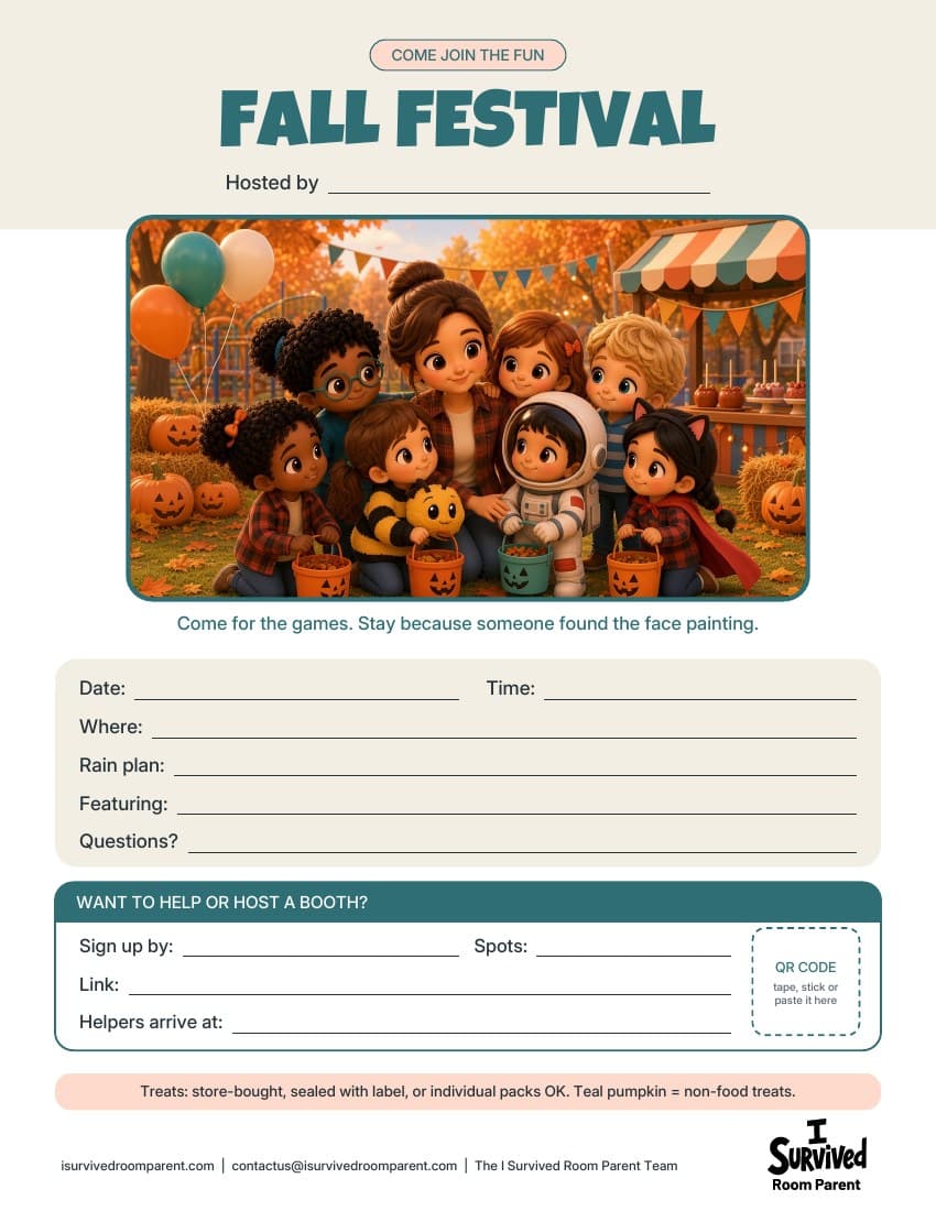 Free fall festival flyer printable with chibi kids at a cozy fall festival, with blanks for the date, time, place and what to bring
