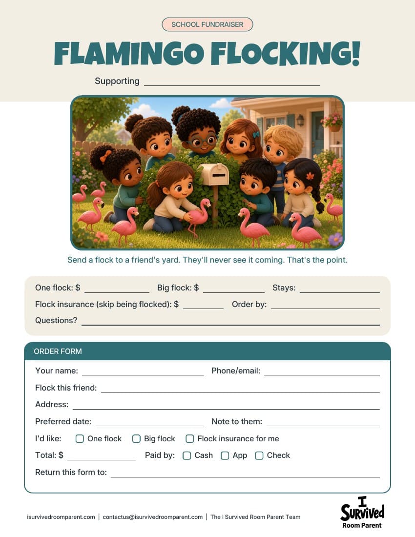 Free flamingo flocking order form printable with chibi kids placing pink flamingos in a sunny front yard