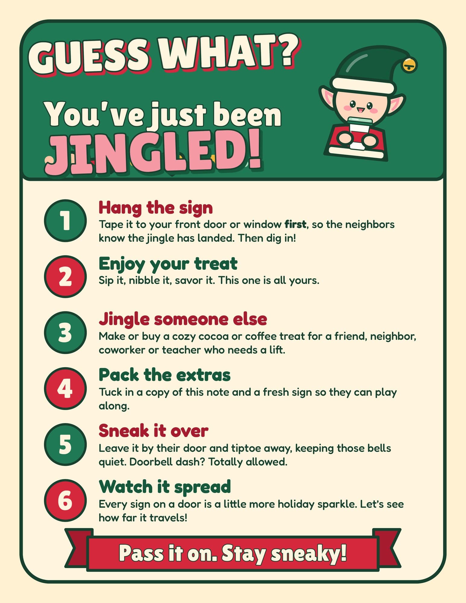 Guess what you've just been jingled how-to-play note with six steps from hang the sign to watch it spread, ending with the banner Pass it on. Stay sneaky