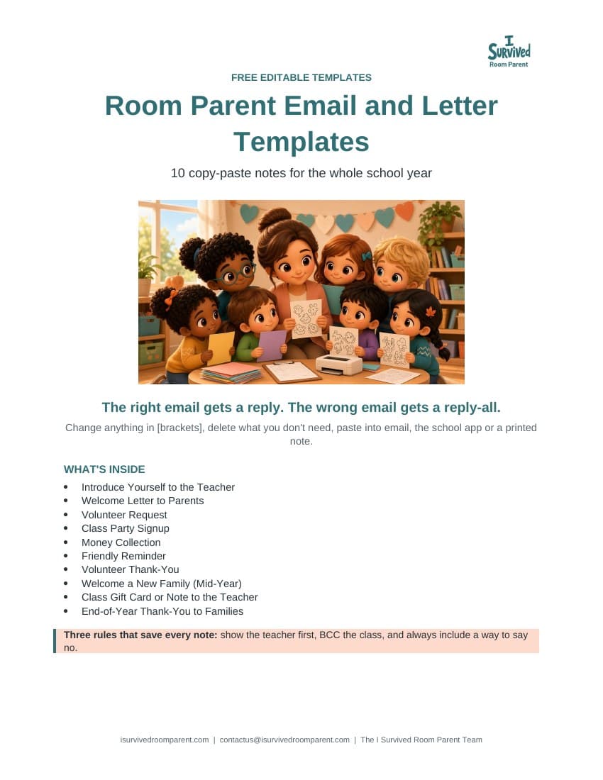Free editable room parent email and letter templates in a Word document with teal headings and a chibi room mom with kids