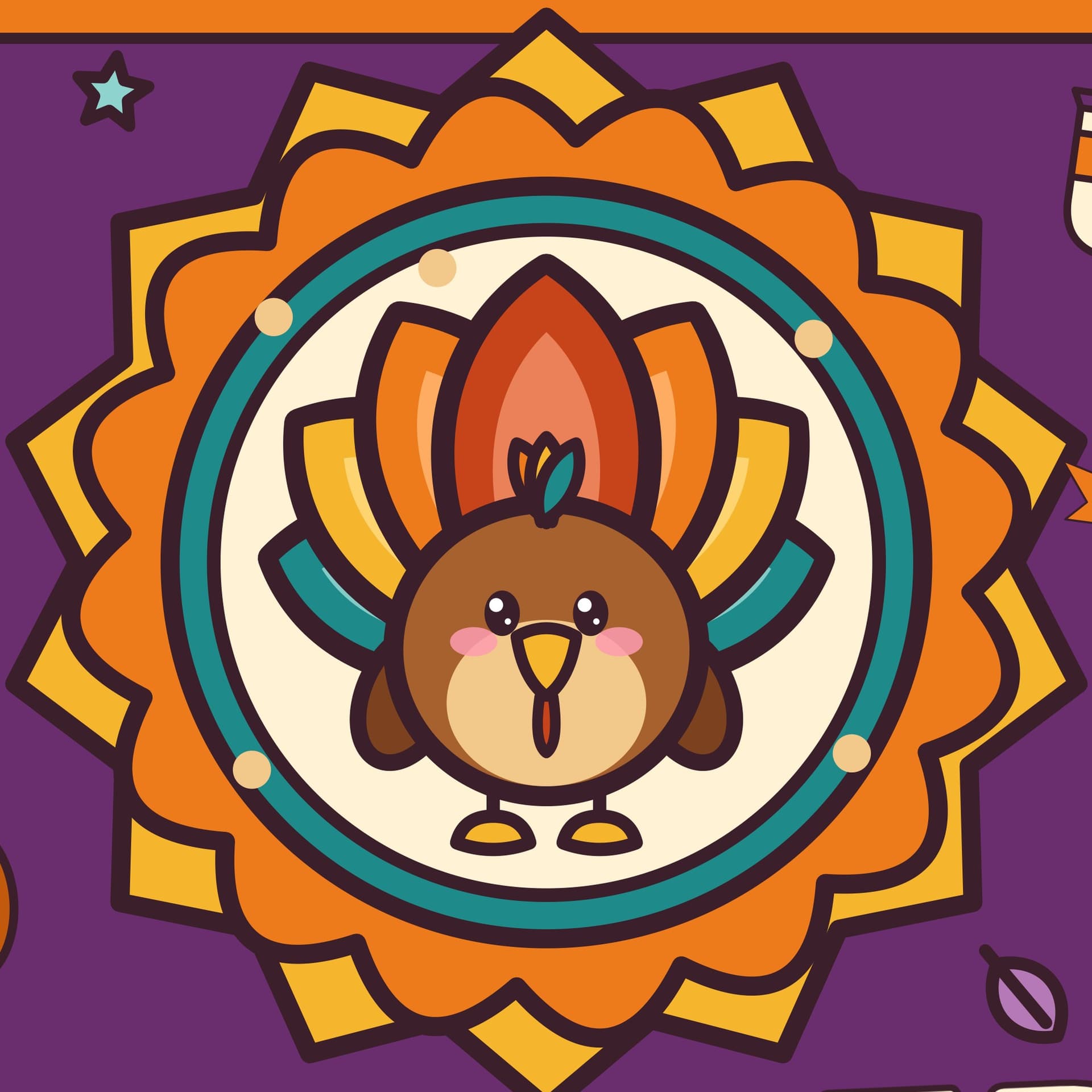 Closeup of the You've Been Gobbled door sign badge: a smiling round turkey with a plum, orange and teal fan tail inside a pumpkin and mustard starburst