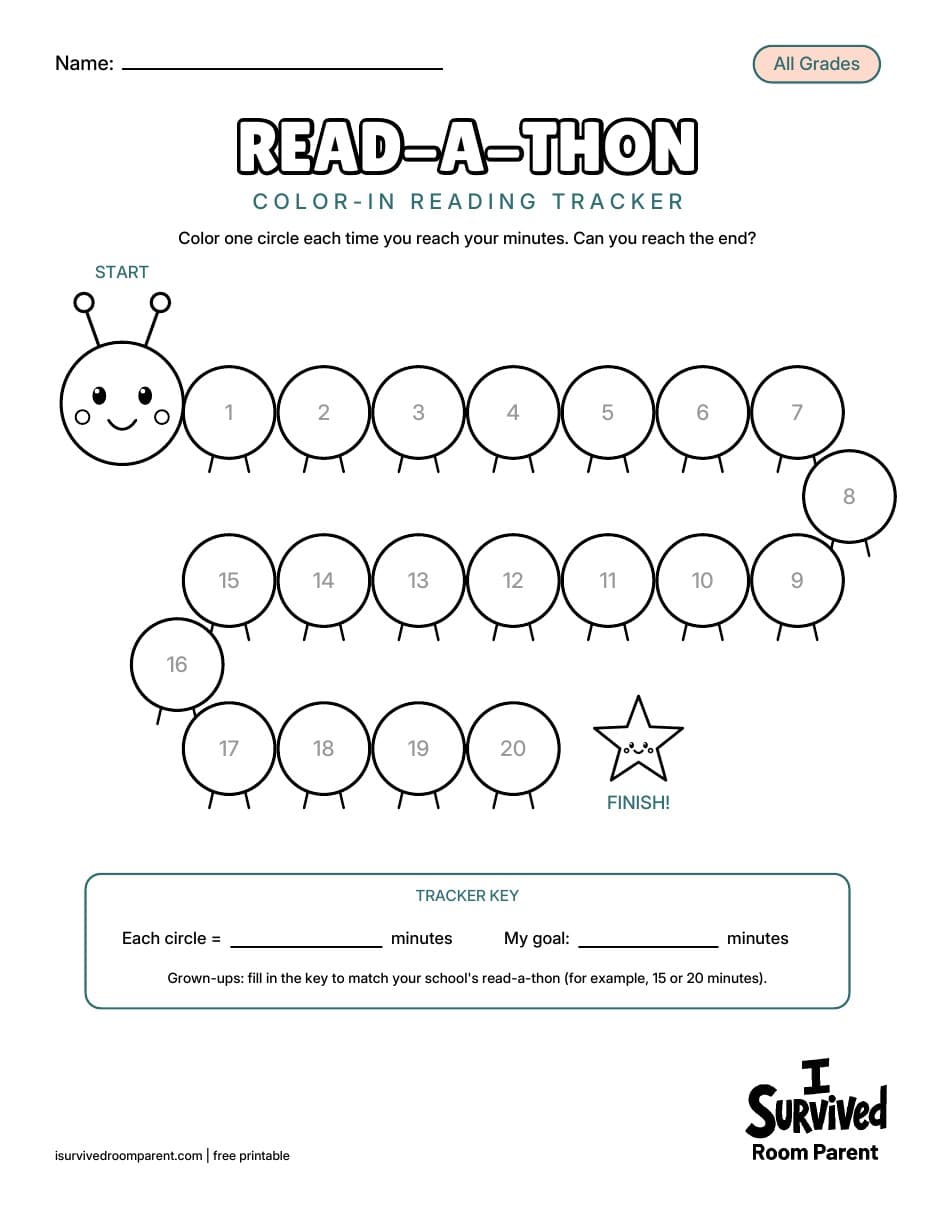 Read-a-Thon color-in reading tracker printable caterpillar