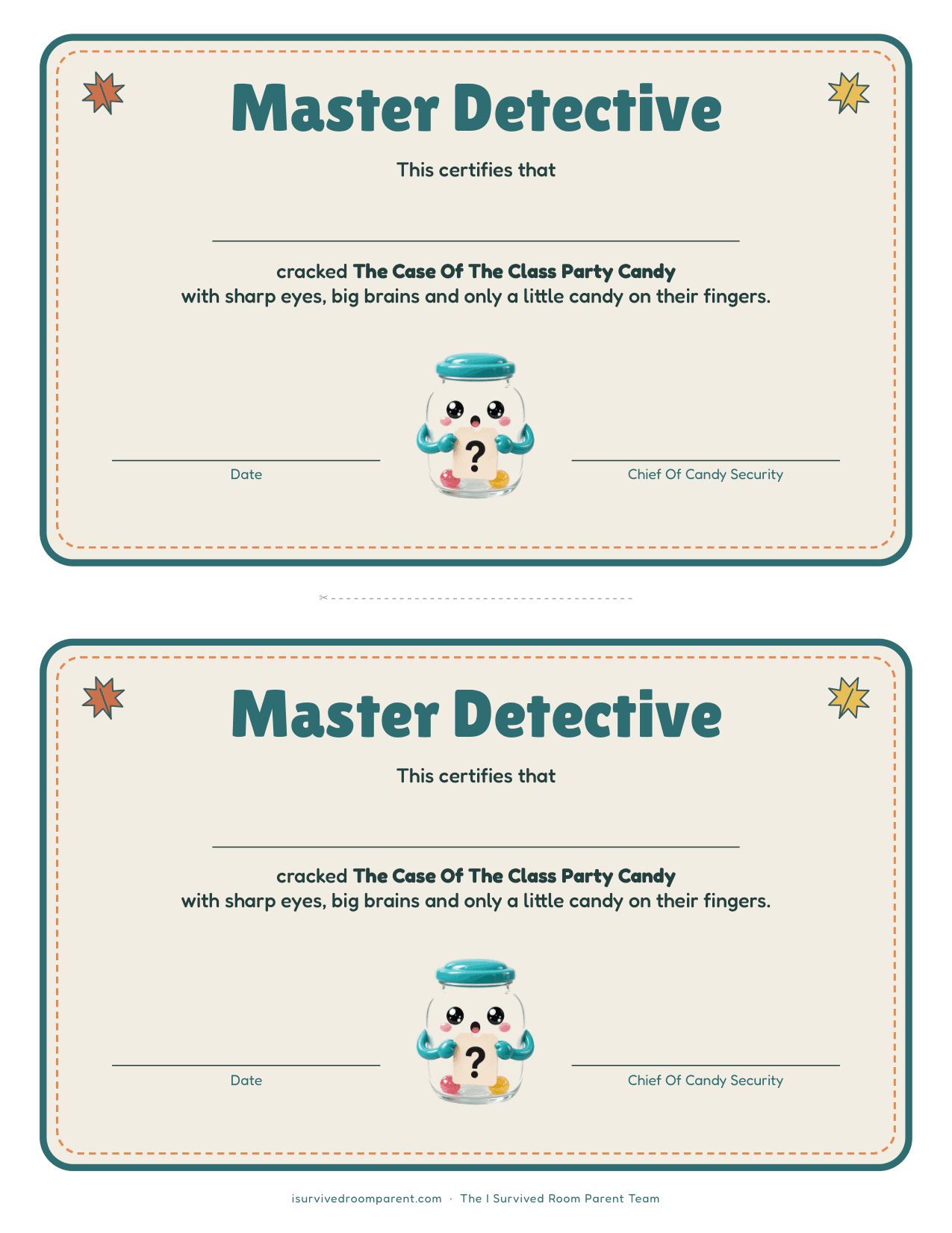 Master Detective certificates, two per page, with fillable name and date lines