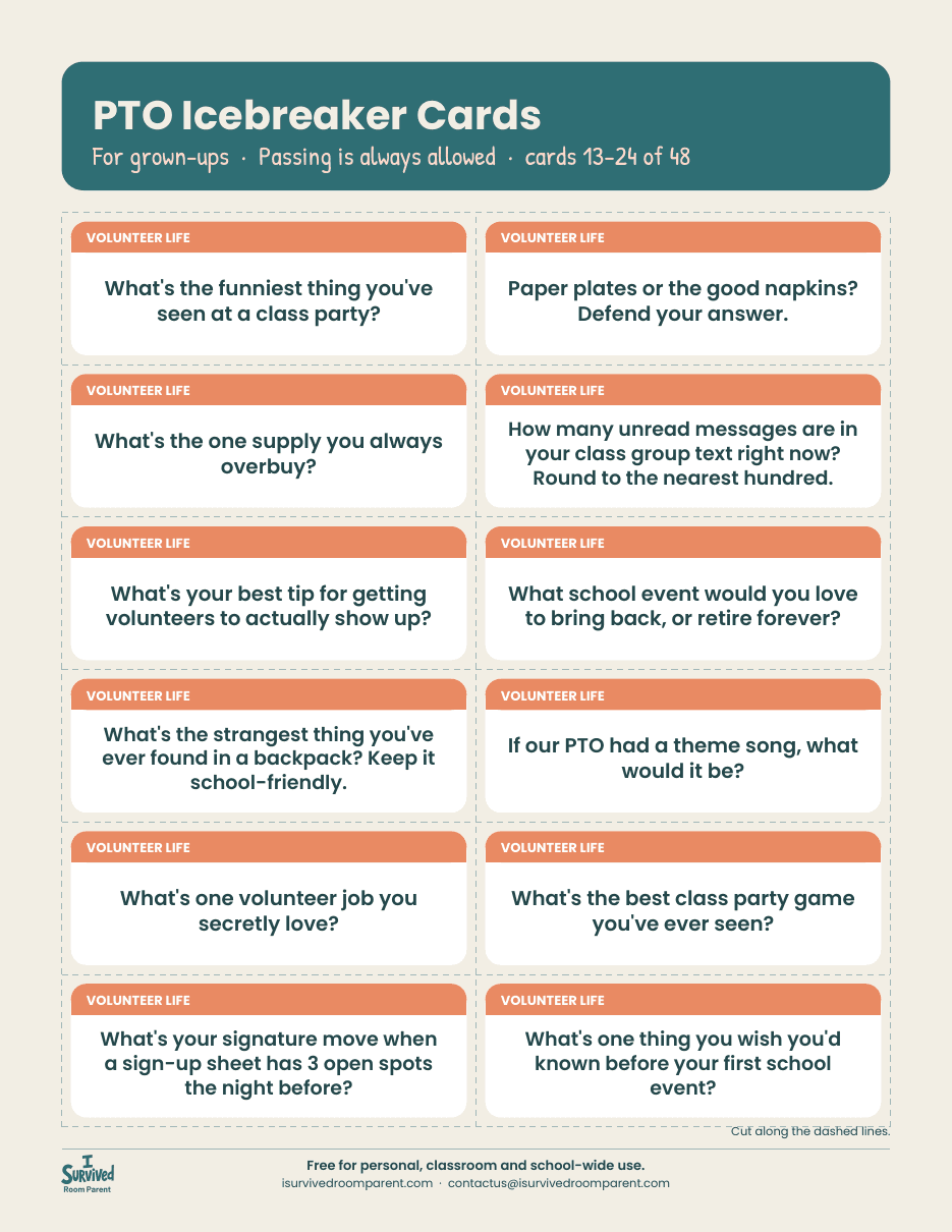 PTO icebreaker cards about room parent and volunteer life, like paper plates or the good napkins, on coral-labeled cards