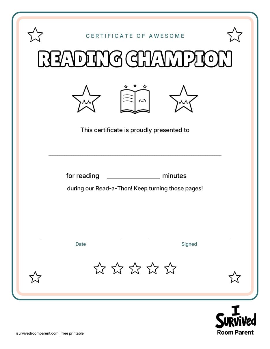 Read-a-Thon Reading Champion certificate printable