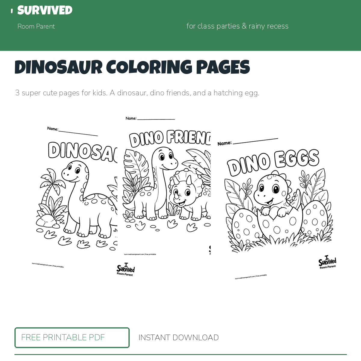 Dinosaur coloring pages: a friendly dinosaur, dino friends, and a hatching egg