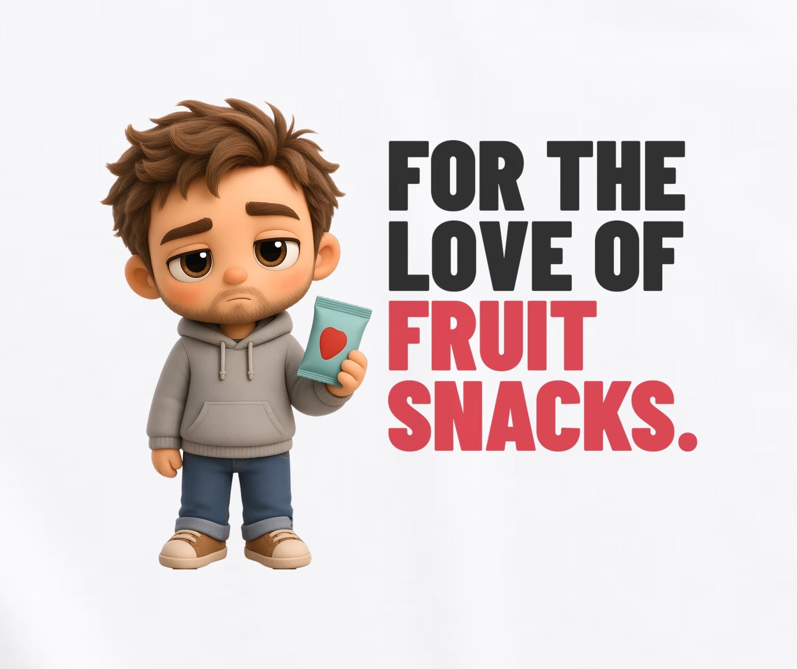Close-up of the For the Love of Fruit Snacks dad print: an unimpressed plush dad holding a pouch with a single red strawberry-shaped gummy