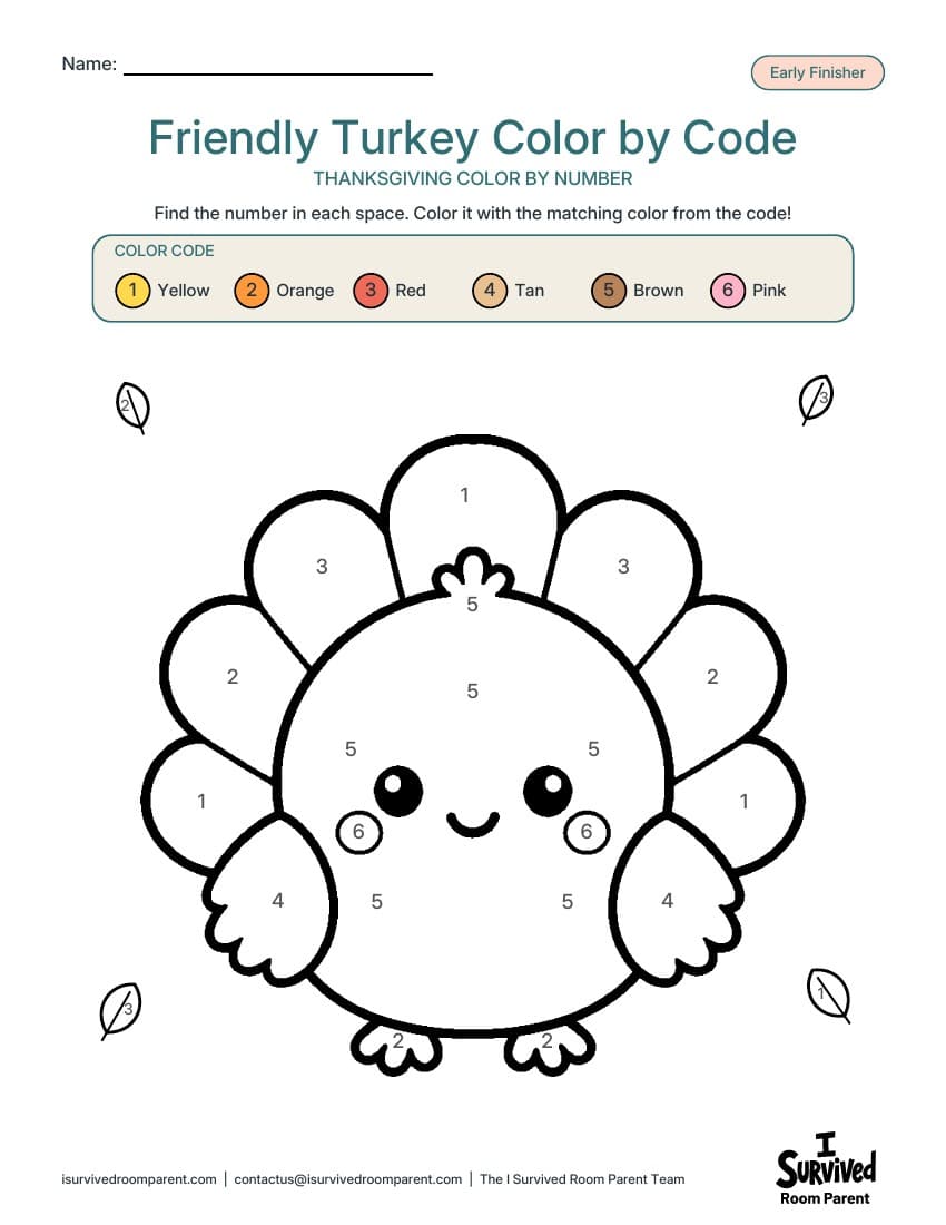 Friendly turkey color by code Thanksgiving printable with a six-color key: yellow, orange, red, tan, brown and pink