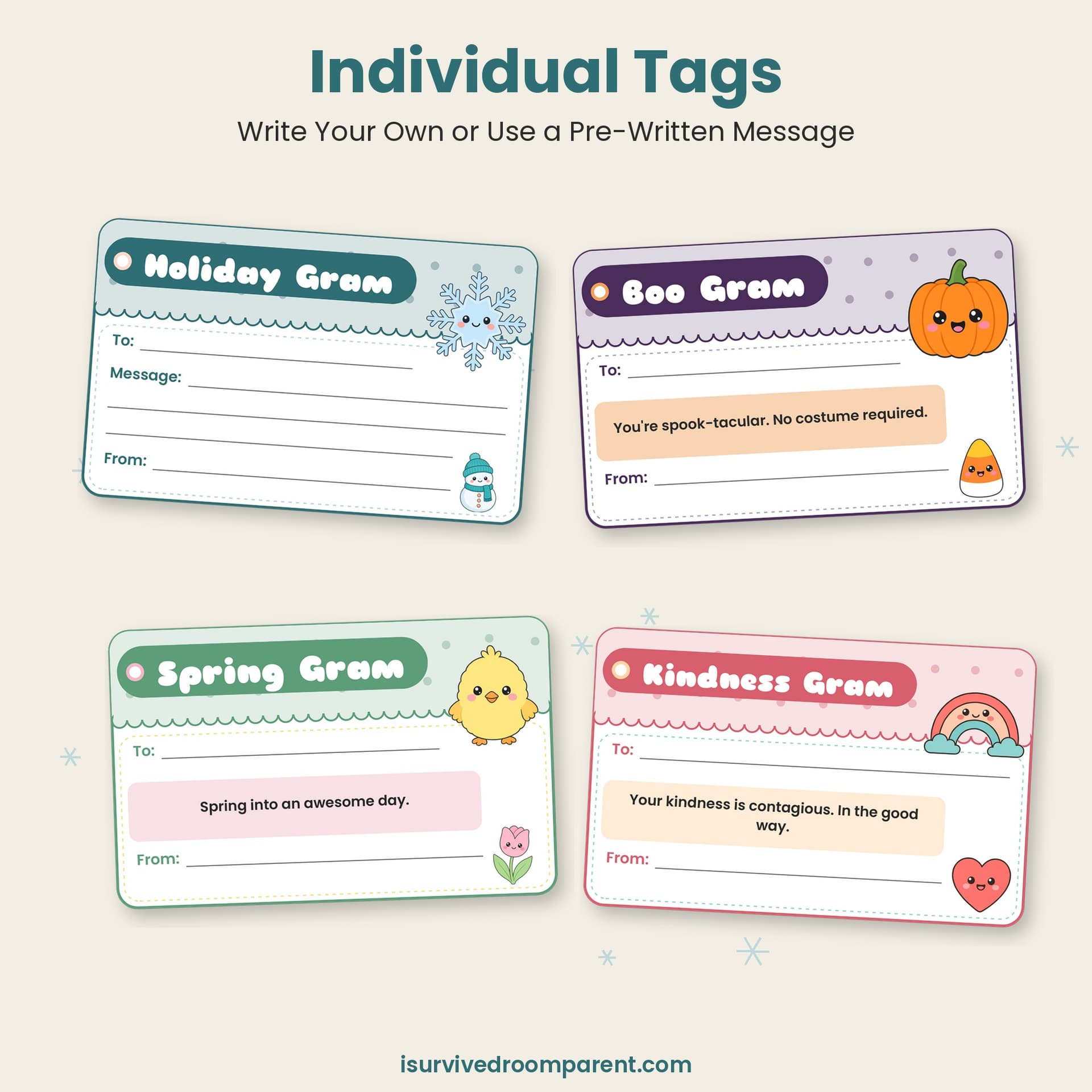 Close-up of Holiday Gram, Boo Gram, Spring Gram and Kindness Gram tags with cute snowflake, pumpkin, chick and rainbow art, two with pre-written messages