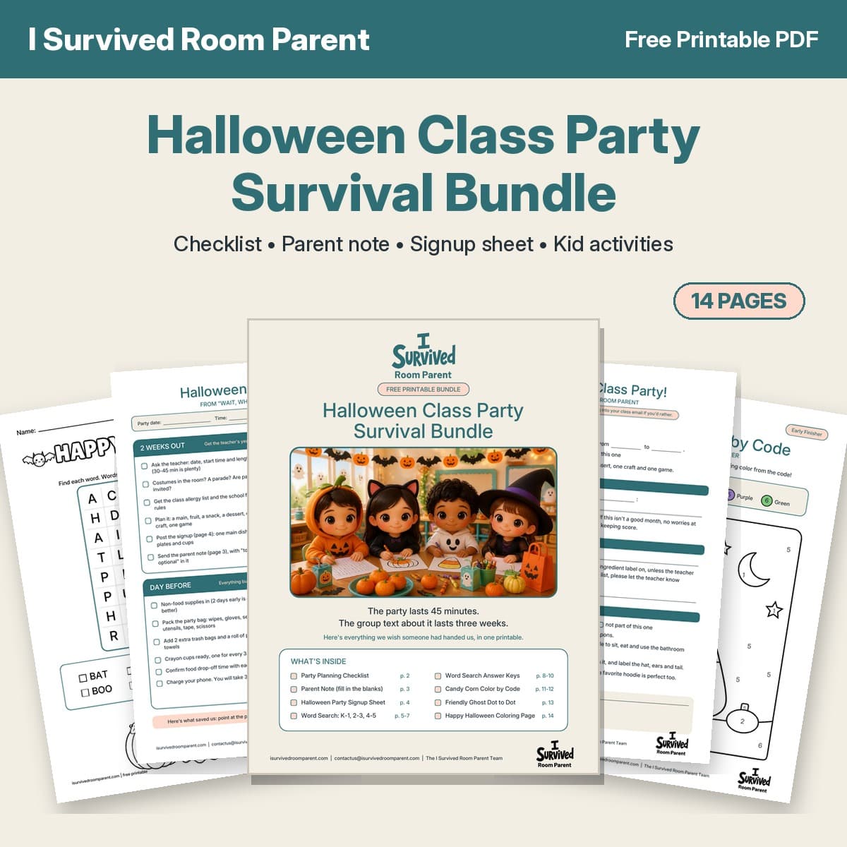 Free Halloween class party printables bundle showing the survival bundle cover with chibi kids in costumes, a party checklist, a parent note, a word search and a color by code page