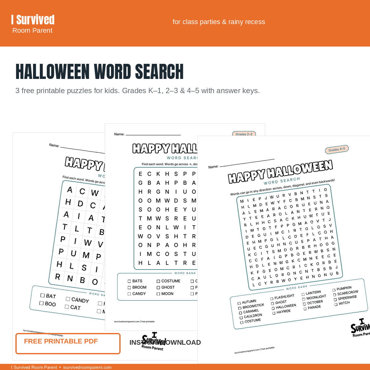 Free printable Halloween word search for kids, grades K-1 through 4-5