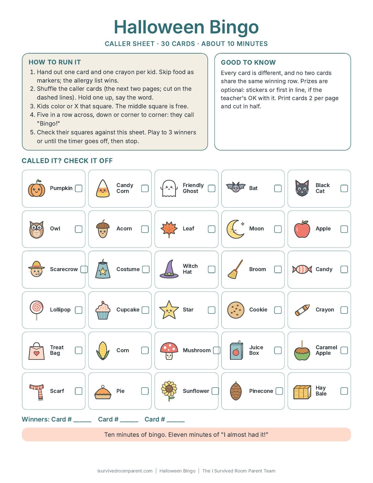 Halloween bingo caller sheet with a 10-minute how-to and 30 picture words to check off, from pumpkin and candy corn to sunflower and hay bale