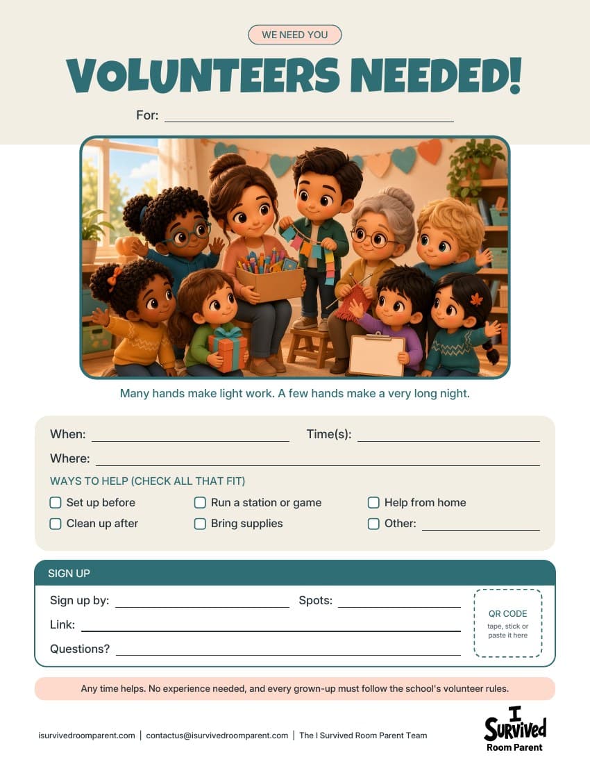 Free volunteers needed flyer printable with chibi parents, a grandma and kids helping decorate a bright classroom