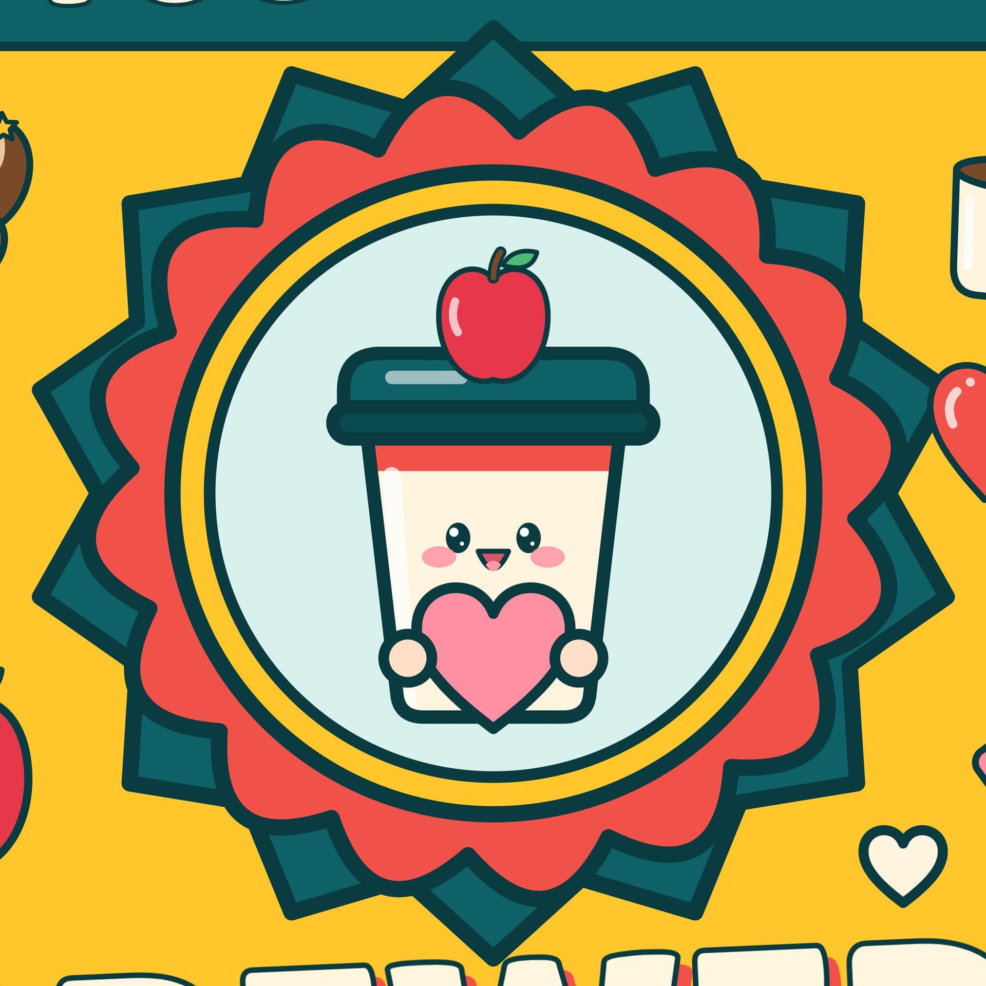 Closeup of the You've Been Brewed door sign badge: a smiling coffee cup character holding a pink heart with a red apple on its lid, inside a red and teal starburst