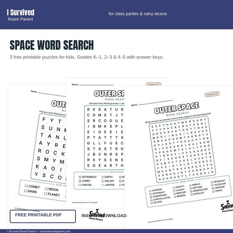 Free printable Space word search for kids, grades K-1 through 4-5