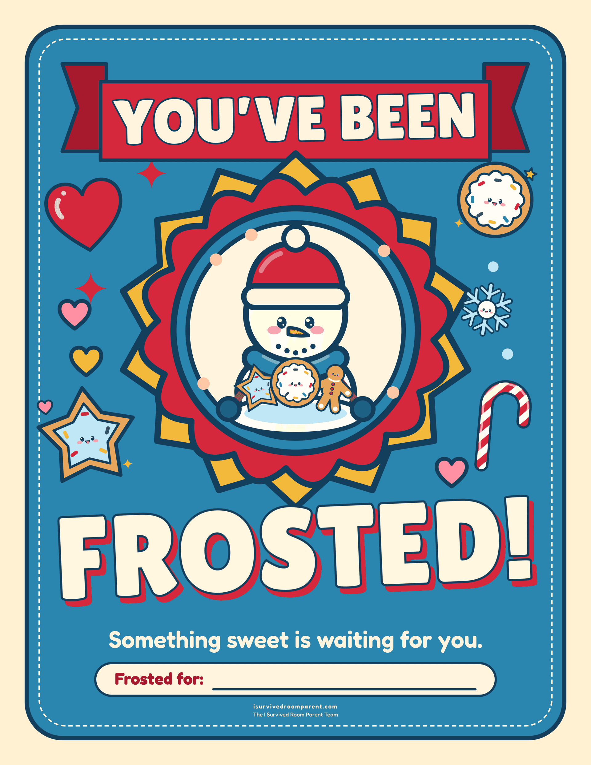 You've Been Frosted Christmas door sign with a snowman in a cranberry beanie holding a plate of frosted cookies inside a starburst badge, with a Frosted for fillable line