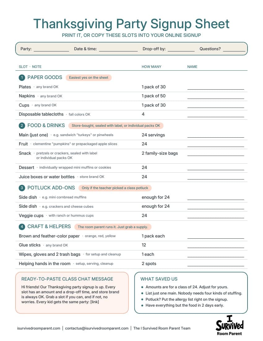 Thanksgiving party signup sheet with slots for paper goods, one main, fruit, snack, dessert, drinks, optional potluck sides, craft supplies and helpers