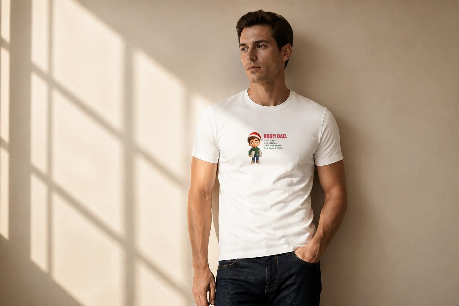 Man wearing a white Room Dad I Carried the Tables Christmas shirt with a plush Santa-hat dad carrying folding tables