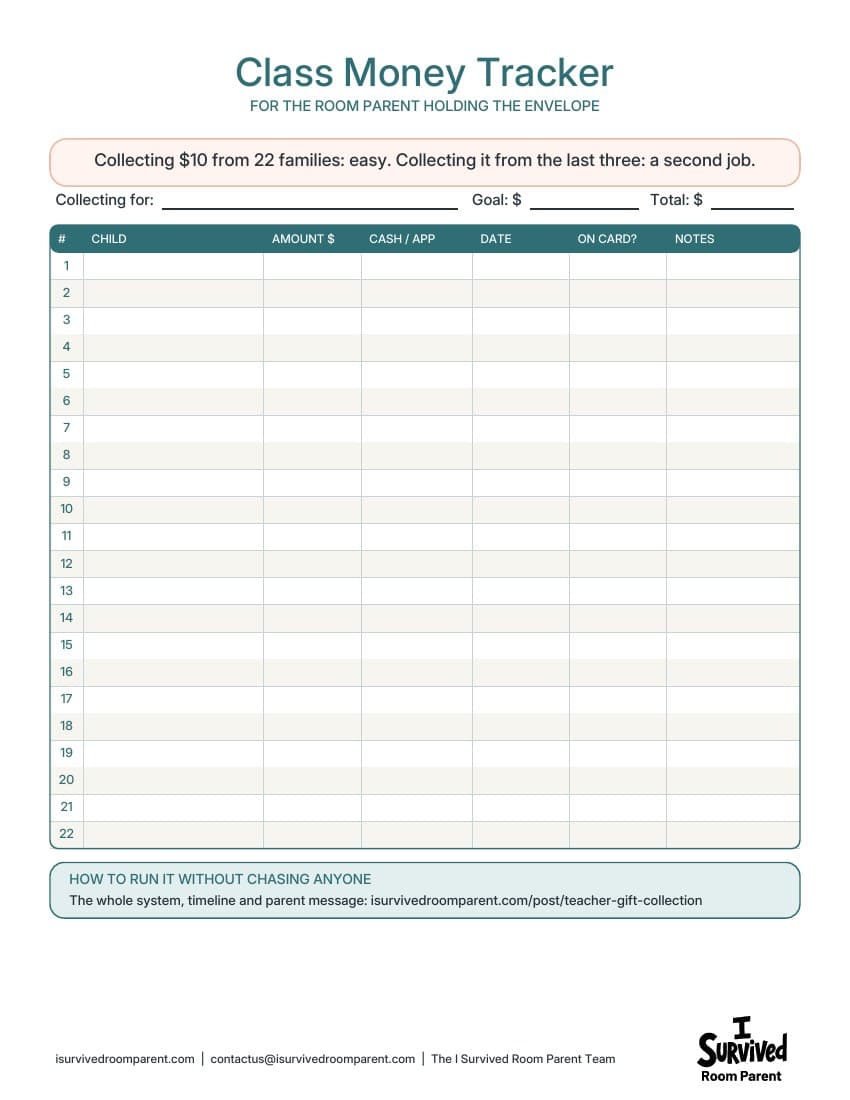 Class money tracker printable with 22 rows for family names, amounts and dates