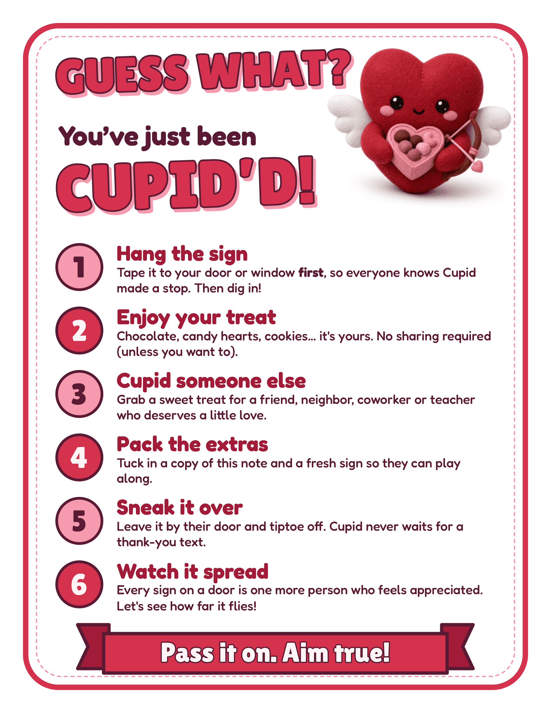 Guess What You've Been Cupid'd how-to-play note with six steps for the Valentine's drop-off game