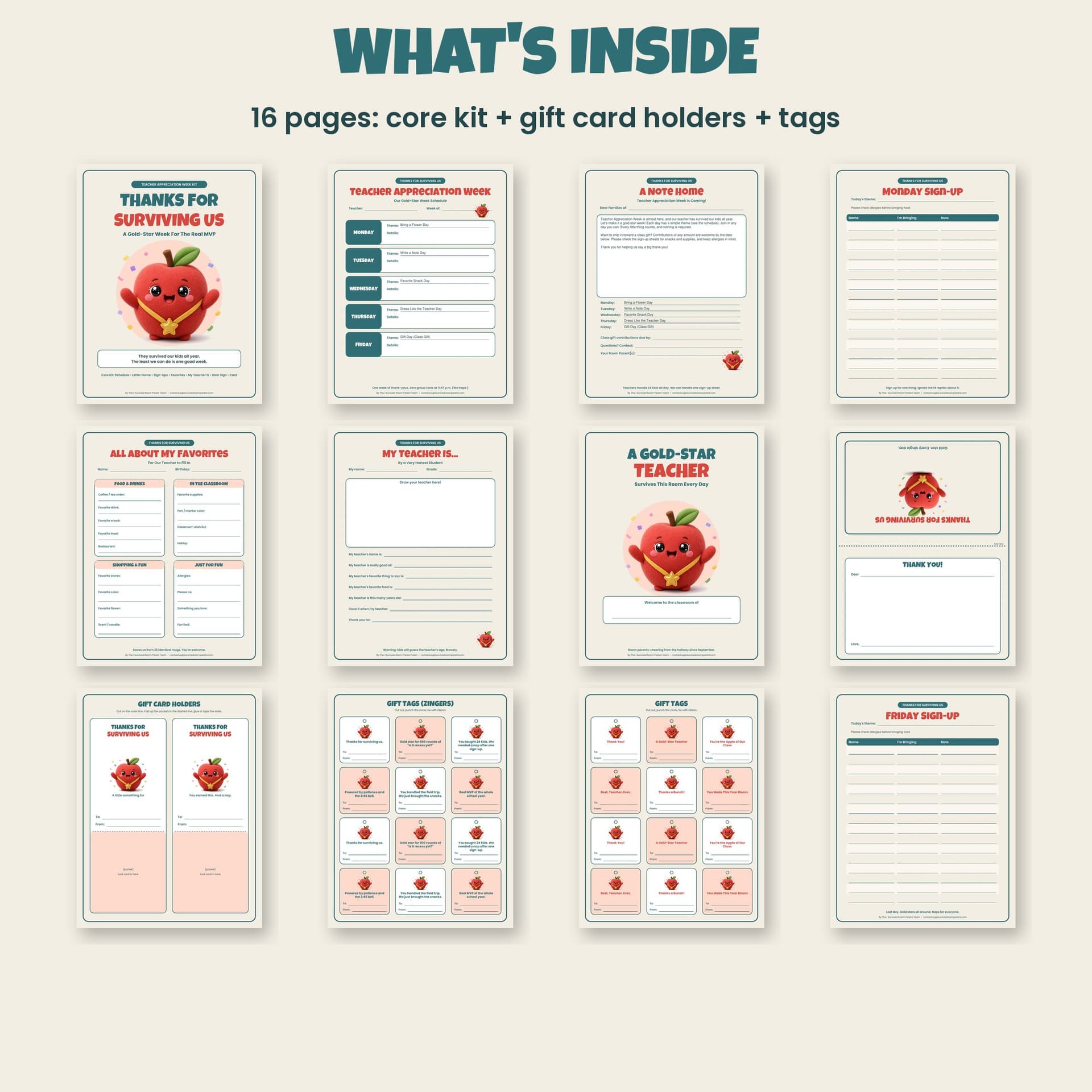All 16 pages in the Teacher Appreciation Week complete kit, including gift card holders and gift tags