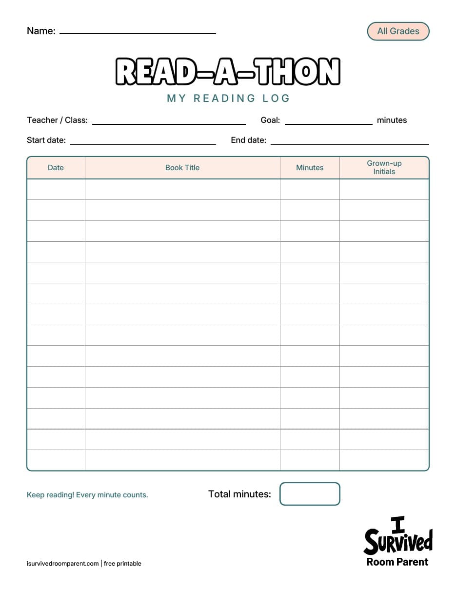 Read-a-Thon reading log printable page with book title, minutes and grown-up initials