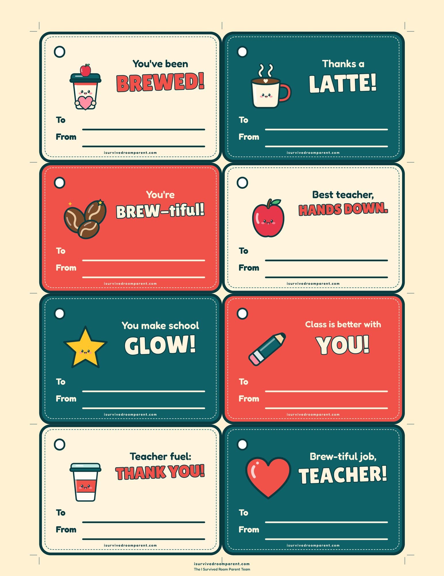 Teacher appreciation coffee gift tags with To and From lines reading You've been brewed, Thanks a latte, You're brew-tiful and Best teacher, hands down
