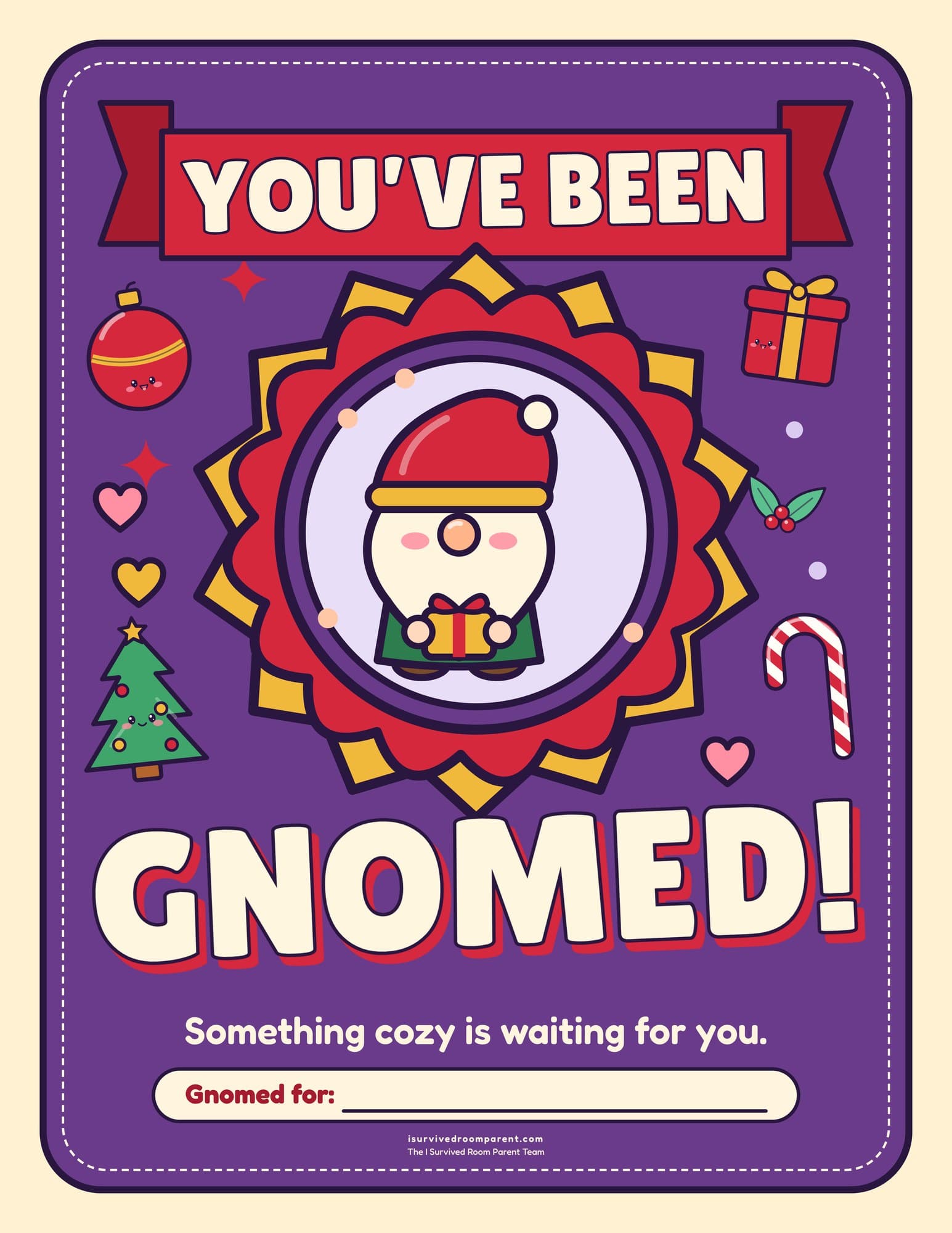You've Been Gnomed Christmas door sign with a cute gnome in a red hat holding a wrapped gift inside a starburst badge, with a Gnomed for fillable line