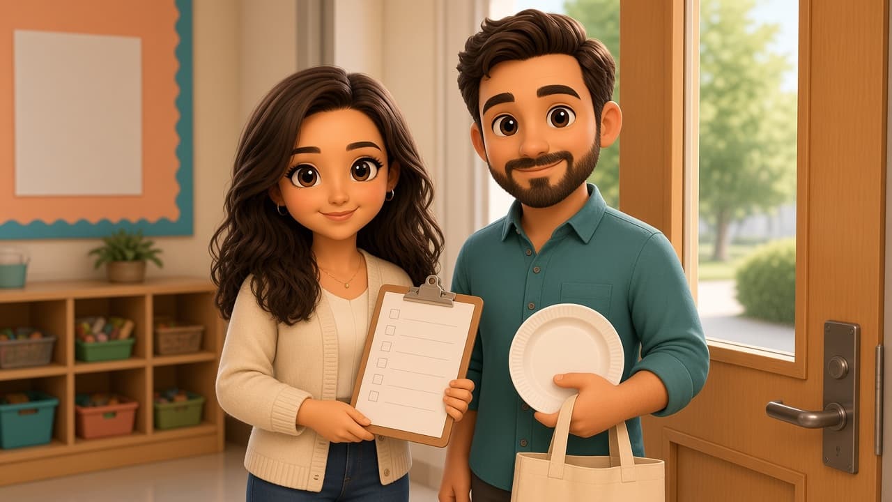 A chibi-style room mom holding a sign-up clipboard and a room dad holding paper plates and a party tote, standing together outside a classroom door