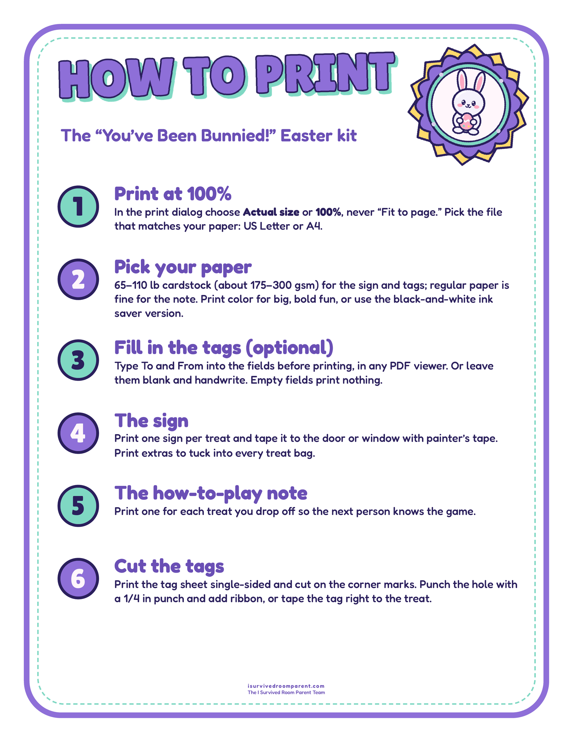 How to print guide for the You've Been Bunnied Easter printable kit