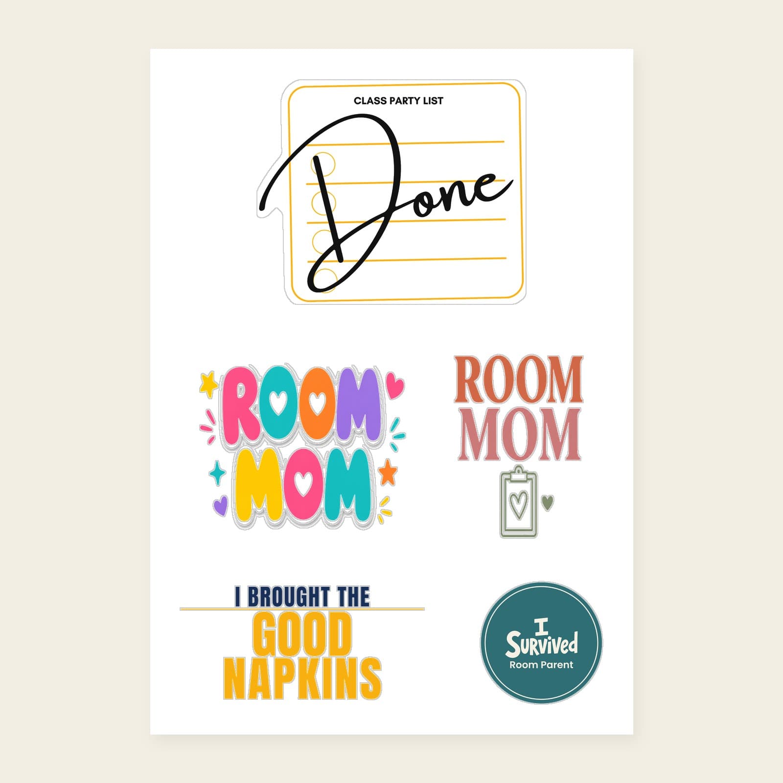 Room parent kiss-cut sticker sheet with Class Party List DONE, colorful Room Mom, vintage Room Mom with clipboard, I Brought the Good Napkins and the teal I Survived Room Parent logo