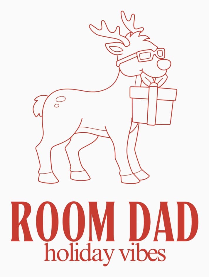 Close-up of the Room Dad Holiday Vibes print: a red outline reindeer with antlers and sunglasses holding a gift box over bold "ROOM DAD" and script "holiday vibes"