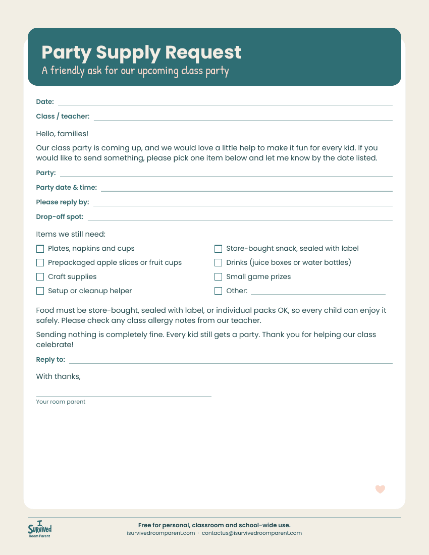 Editable class party supply request letter with teal header, party detail lines and a two-column checklist of supplies