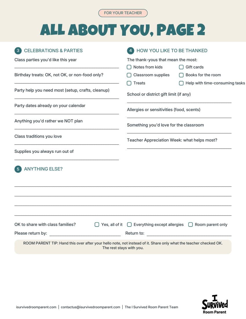 Page 2 of the All About You teacher questionnaire with celebrations and parties, how you like to be thanked and anything else sections
