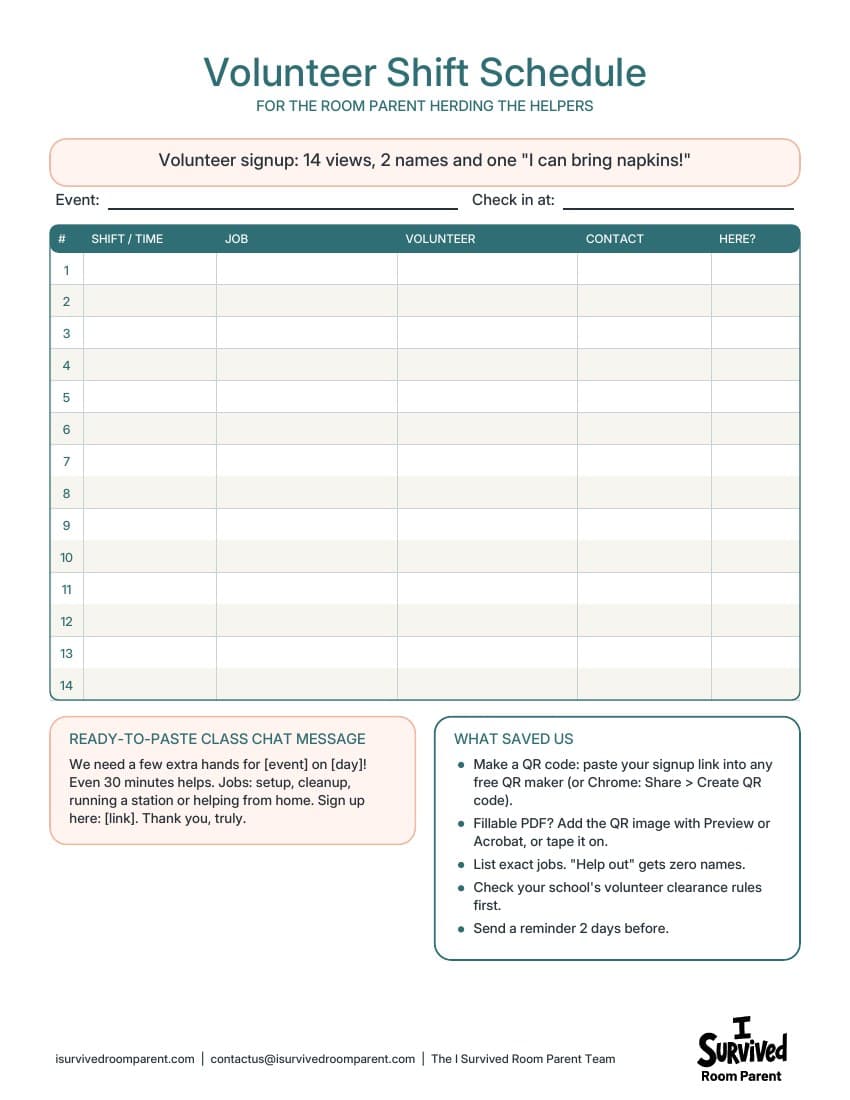 Volunteer shift schedule printable with 14 rows for names, times and jobs, plus a class chat message and QR code tips