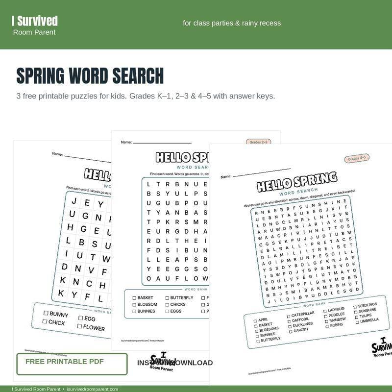 Free printable Spring word search for kids, grades K-1 through 4-5