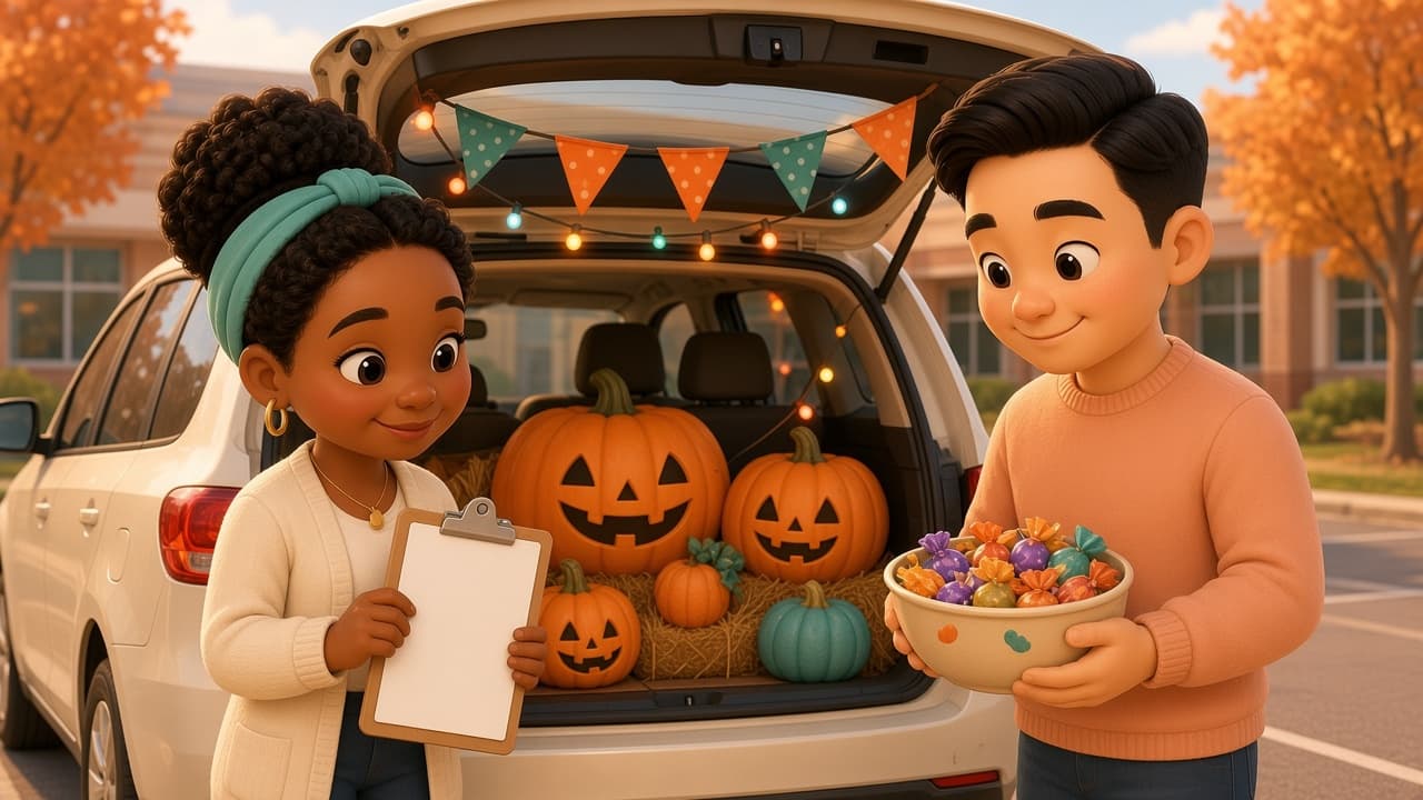 Two smiling adult room parents in polished 3D chibi style beside a minivan trunk decorated like a cute pumpkin patch, holding a sign-up clipboard and a bowl of candy