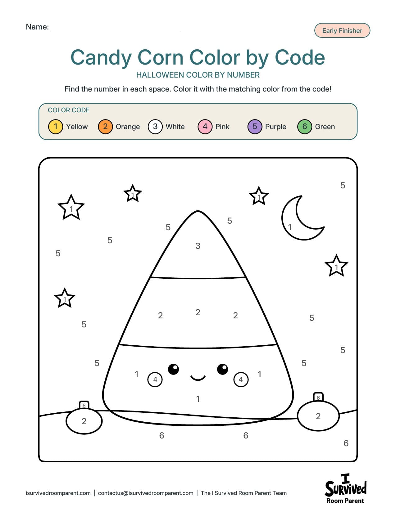 Candy corn color by code Halloween printable for early finishers with a six-color code key and kawaii candy corn to color