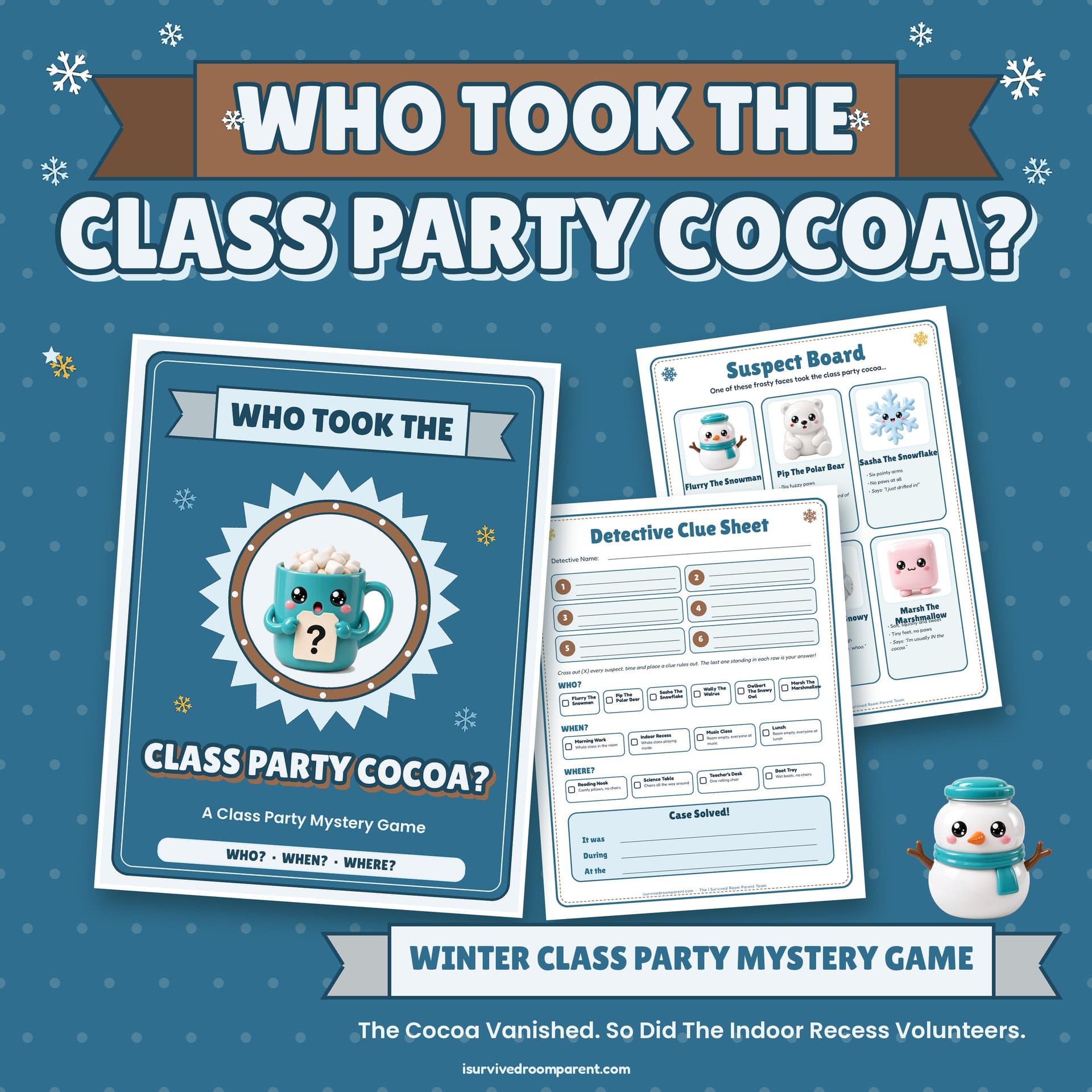 Who Took The Class Party Cocoa? winter class party mystery game cover with a cocoa mug mascot holding a question mark