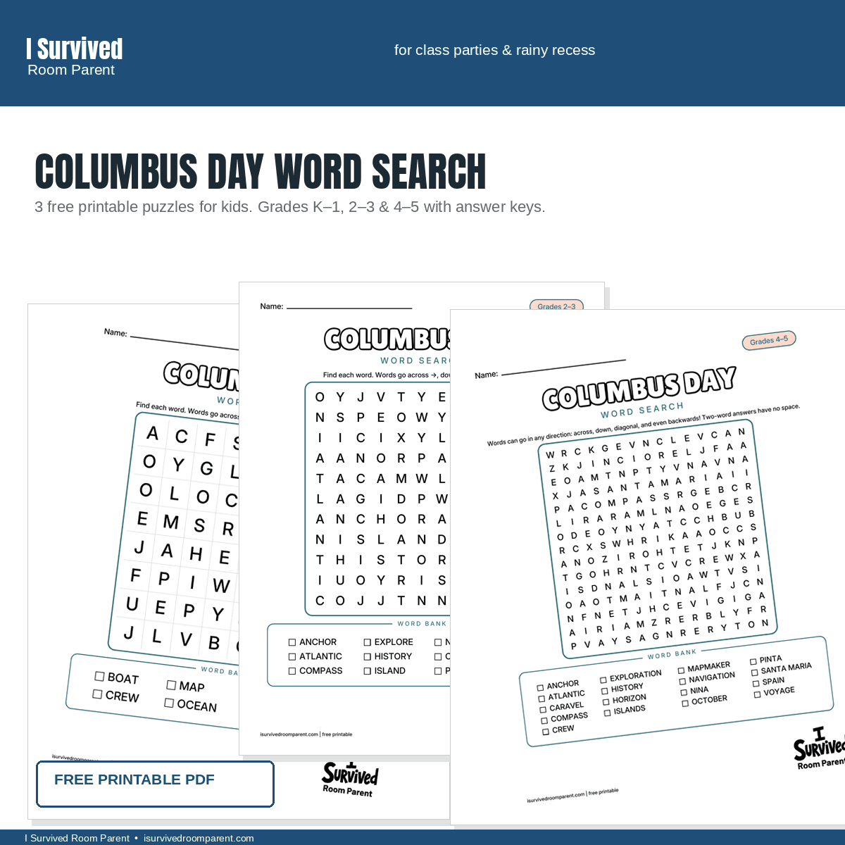 Free Columbus Day word search printable with three puzzles for grades K-1, 2-3 and 4-5 featuring ship, map and voyage words
