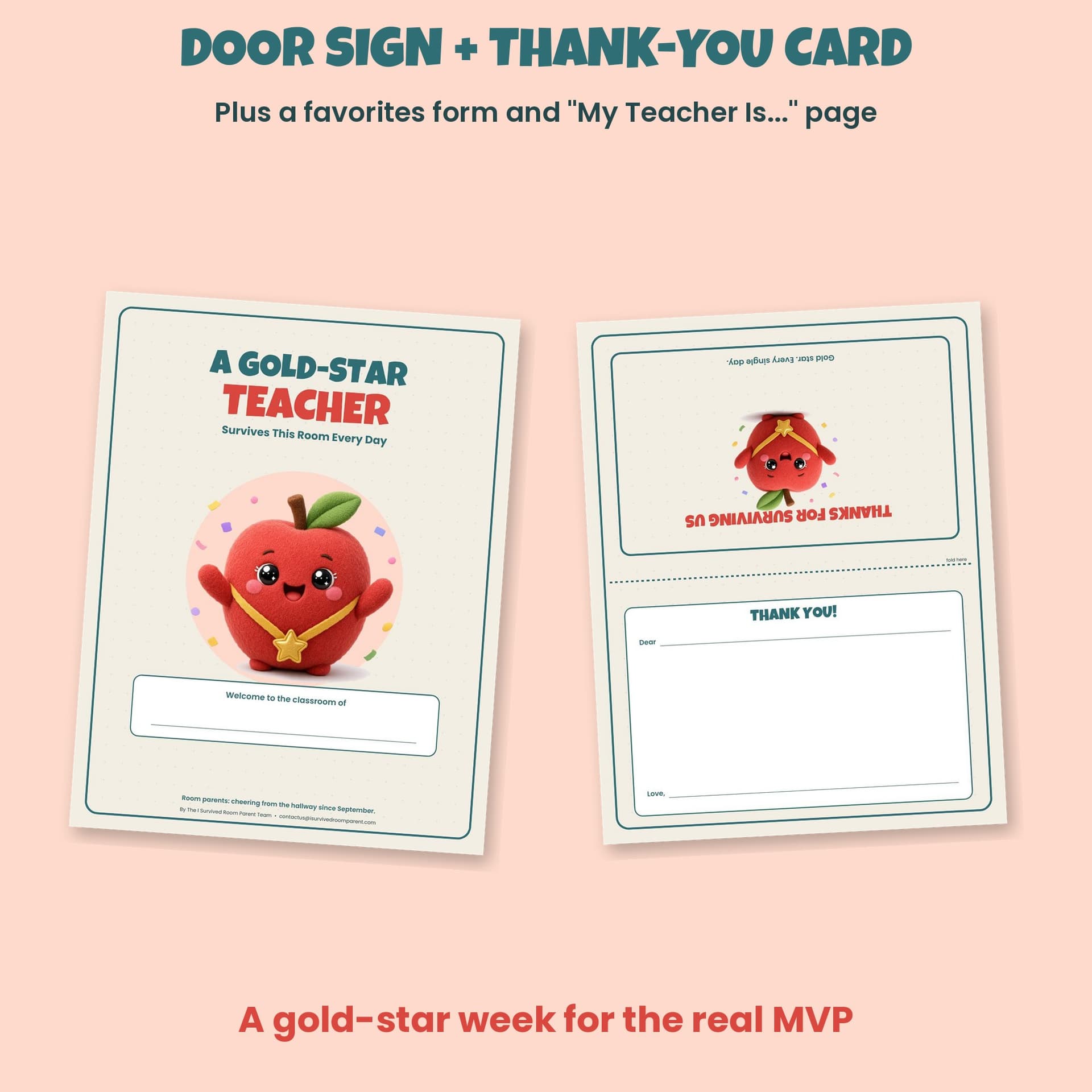 Gold-Star Teacher classroom door sign and fold-in-half Thanks For Surviving Us thank-you card