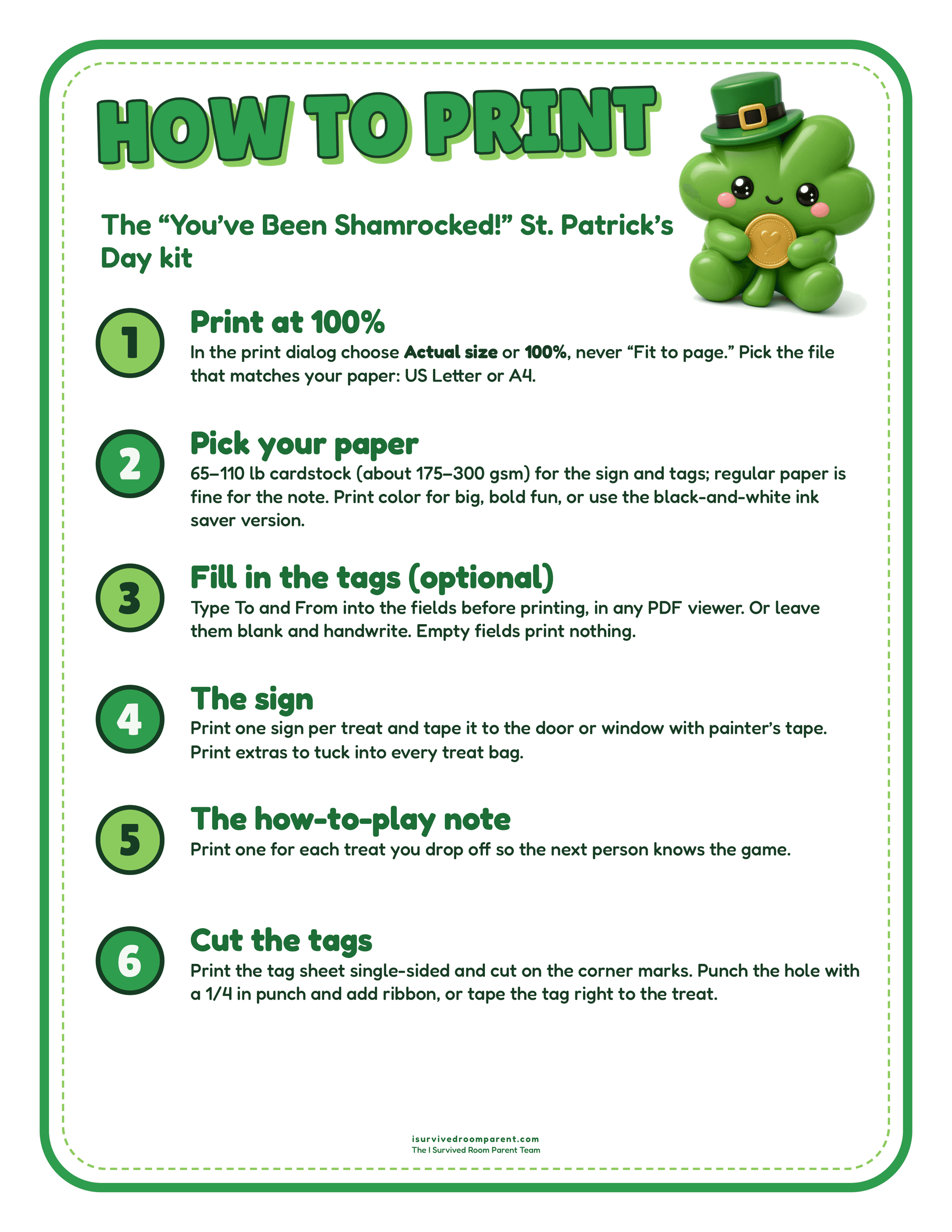 How to print guide for the You've Been Shamrocked St. Patrick's Day kit with six printing and cutting steps