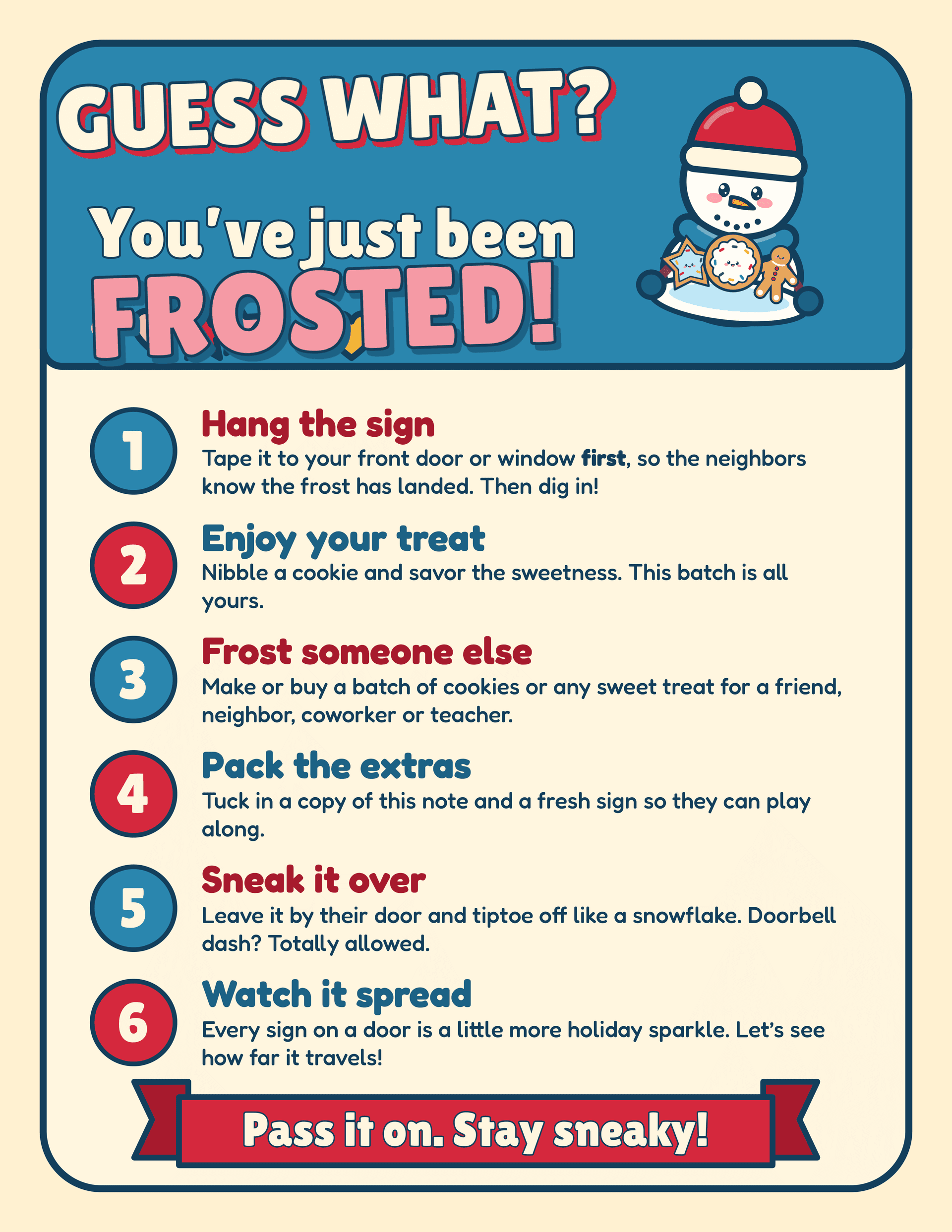 Guess what you've just been frosted how-to-play note with six steps from hang the sign to watch it spread, ending with the banner Pass it on. Stay sneaky